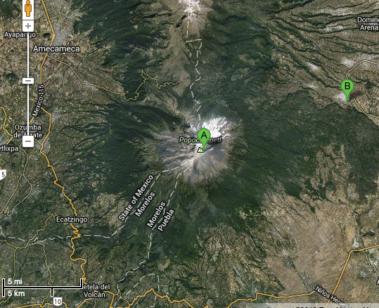 A map of Popocatépetl (A) and San Nicolás de Los Ranchos (B). Copyright TerraMetrics and Google